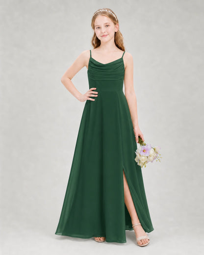 Dideyttawl Dusty Blue Junior Bridesmaid Dress | Spaghetti Strap Ruched Chiffon Floor-Length Gown
