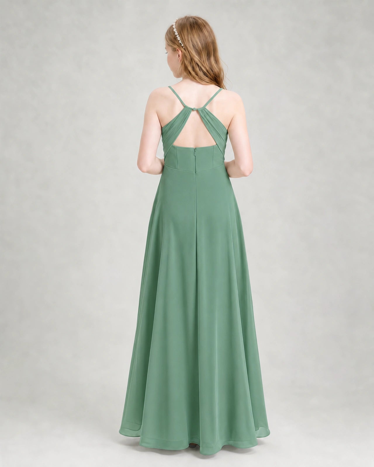 Dideyttawl Dusty Blue Junior Bridesmaid Dress Spaghetti Strap Ruched Chiffon Floor-Length Gown