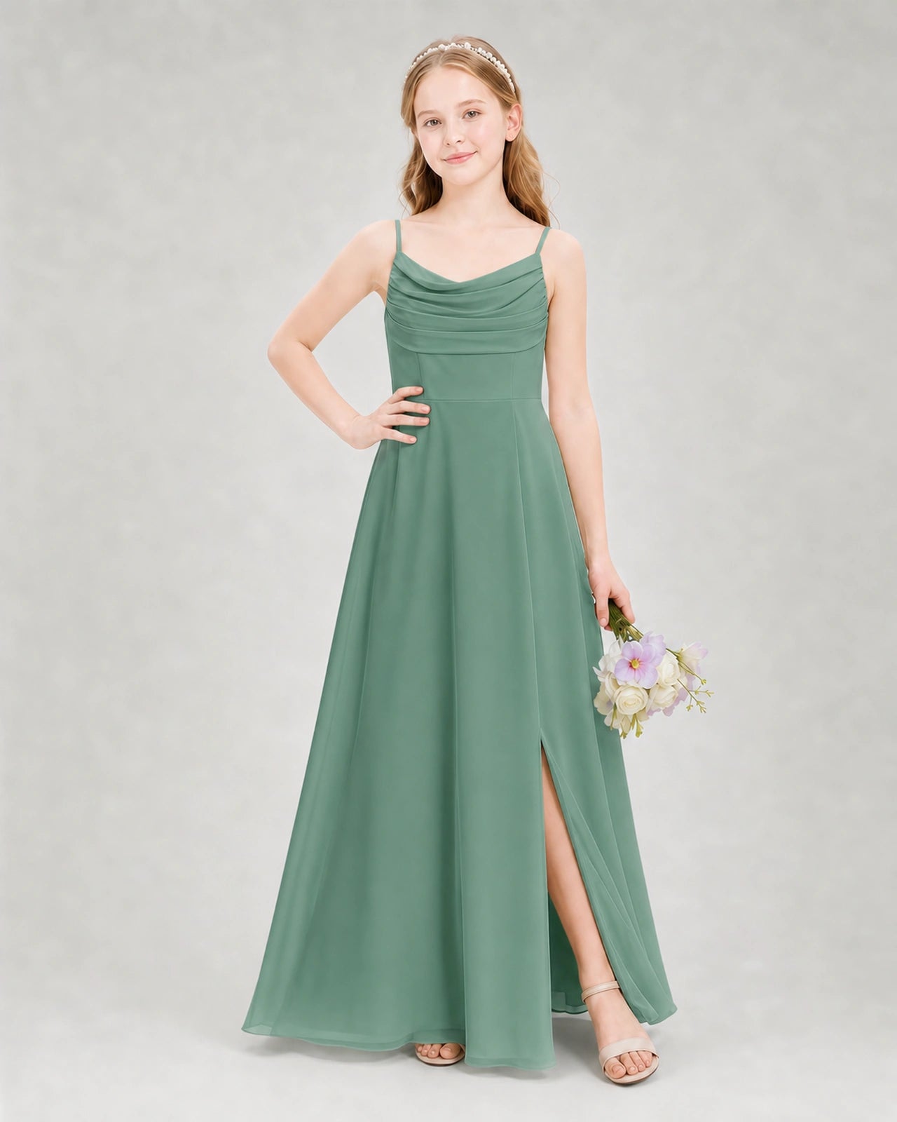 Dideyttawl Dusty Blue Junior Bridesmaid Dress Spaghetti Strap Ruched Chiffon Floor-Length Gown