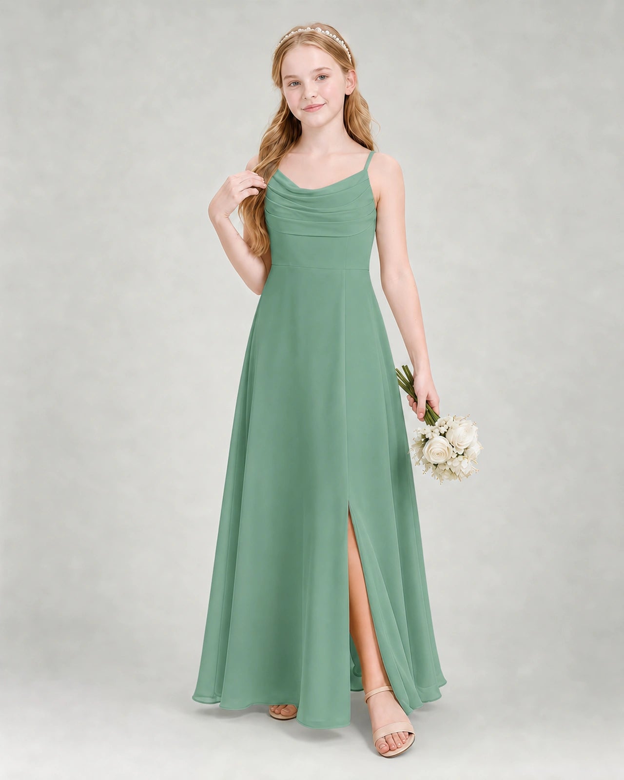 Dideyttawl Dusty Blue Junior Bridesmaid Dress | Spaghetti Strap Ruched Chiffon Floor-Length Gown