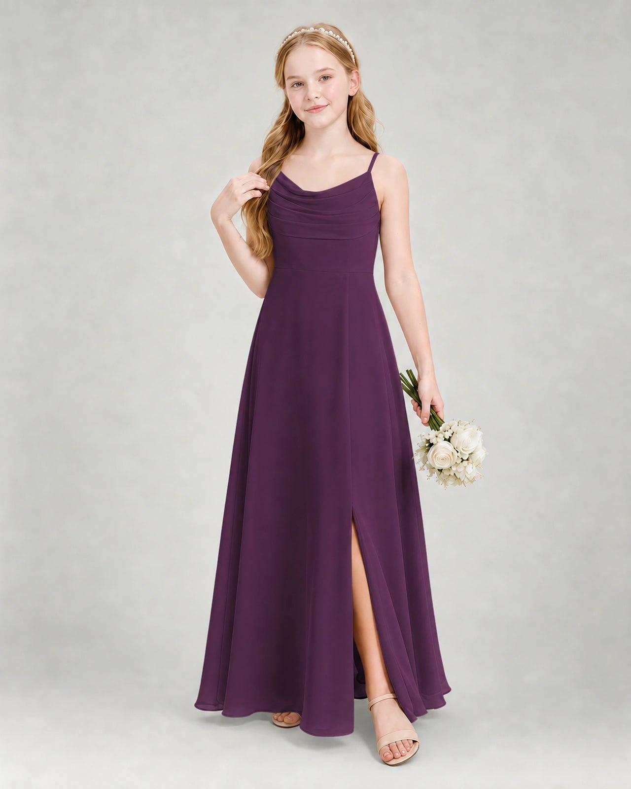 Dideyttawl Dusty Blue Junior Bridesmaid Dress | Spaghetti Strap Ruched Chiffon Floor-Length Gown