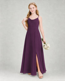 Dideyttawl Dusty Blue Junior Bridesmaid Dress Spaghetti Strap Ruched Chiffon Floor-Length Gown