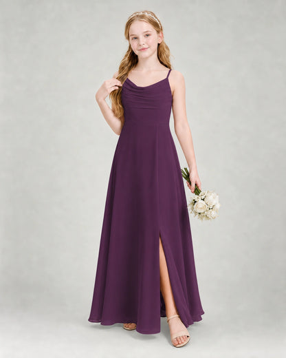 Dideyttawl Dusty Blue Junior Bridesmaid Dress | Spaghetti Strap Ruched Chiffon Floor-Length Gown