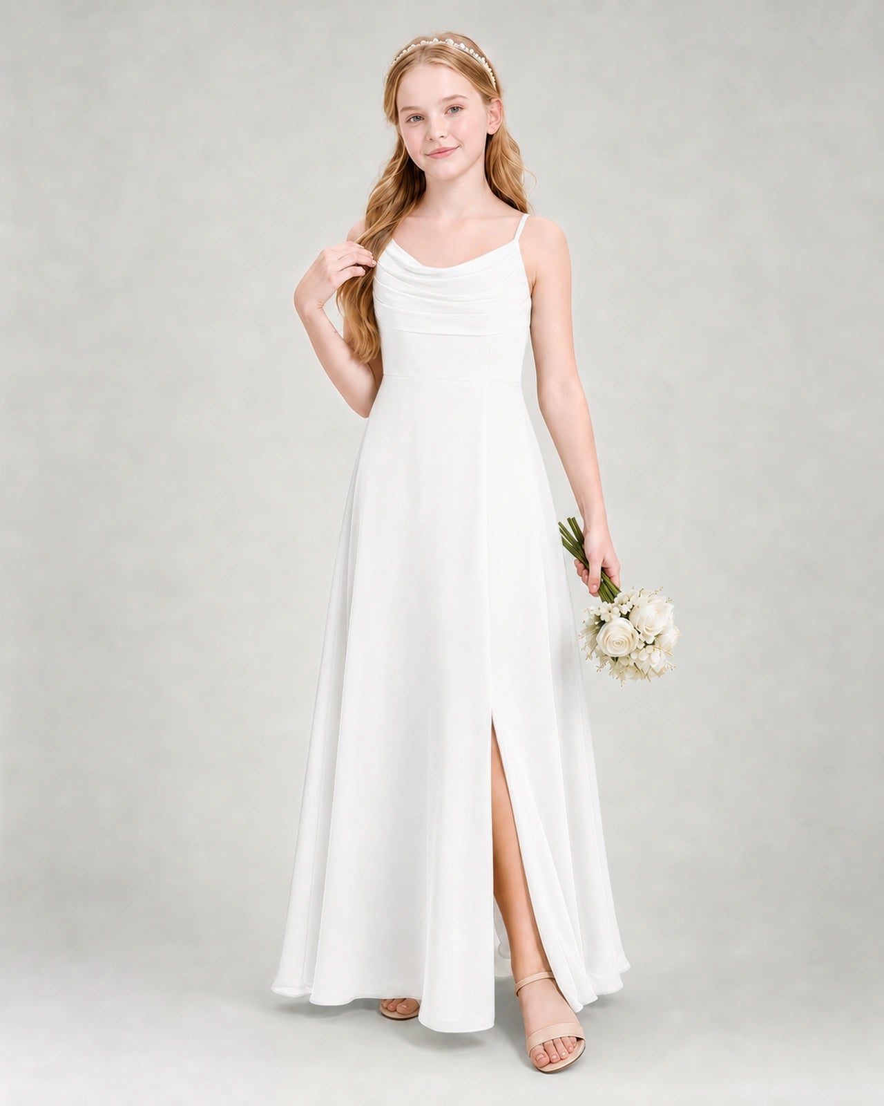 Dideyttawl Dusty Blue Junior Bridesmaid Dress | Spaghetti Strap Ruched Chiffon Floor-Length Gown
