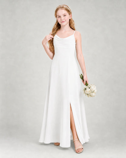 Dideyttawl Dusty Blue Junior Bridesmaid Dress | Spaghetti Strap Ruched Chiffon Floor-Length Gown