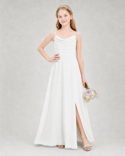 Dideyttawl Dusty Blue Junior Bridesmaid Dress | Spaghetti Strap Ruched Chiffon Floor-Length Gown