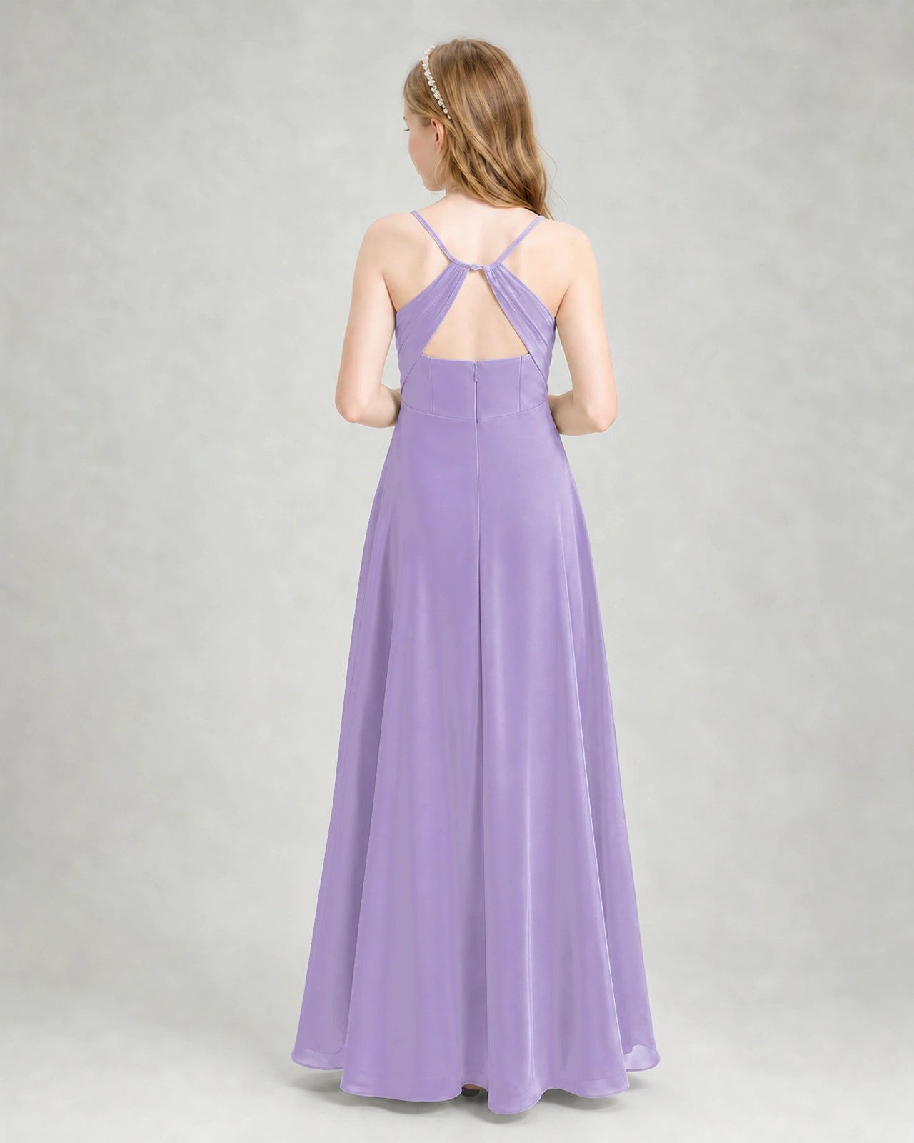Dideyttawl Dusty Blue Junior Bridesmaid Dress | Spaghetti Strap Ruched Chiffon Floor-Length Gown