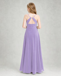 Dideyttawl Dusty Blue Junior Bridesmaid Dress Spaghetti Strap Ruched Chiffon Floor-Length Gown