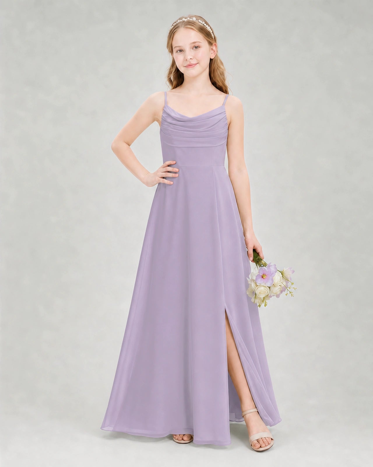 Dideyttawl Dusty Blue Junior Bridesmaid Dress | Spaghetti Strap Ruched Chiffon Floor-Length Gown