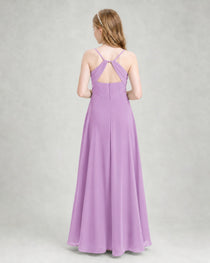 Dideyttawl Dusty Blue Junior Bridesmaid Dress Spaghetti Strap Ruched Chiffon Floor-Length Gown