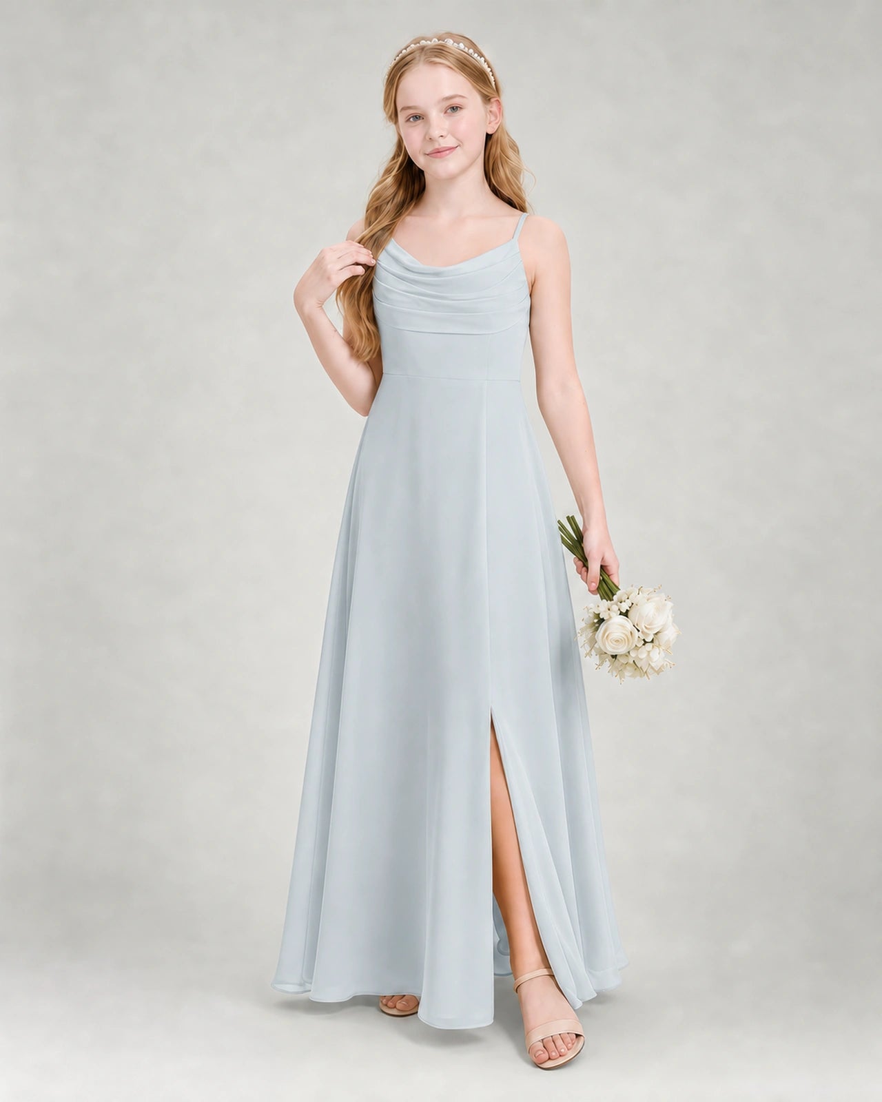 Dideyttawl Dusty Blue Junior Bridesmaid Dress Spaghetti Strap Ruched Chiffon Floor-Length Gown