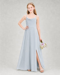 Dideyttawl Dusty Blue Junior Bridesmaid Dress Spaghetti Strap Ruched Chiffon Floor-Length Gown