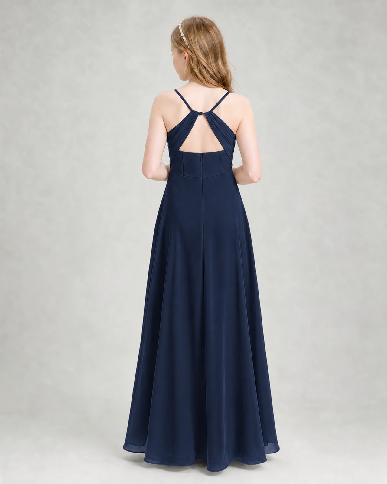 Dideyttawl Dusty Blue Junior Bridesmaid Dress | Spaghetti Strap Ruched Chiffon Floor-Length Gown