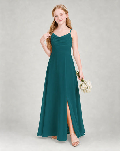 Dideyttawl Dusty Blue Junior Bridesmaid Dress | Spaghetti Strap Ruched Chiffon Floor-Length Gown