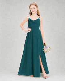 Dideyttawl Dusty Blue Junior Bridesmaid Dress Spaghetti Strap Ruched Chiffon Floor-Length Gown