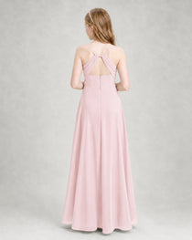 Dideyttawl Dusty Blue Junior Bridesmaid Dress Spaghetti Strap Ruched Chiffon Floor-Length Gown