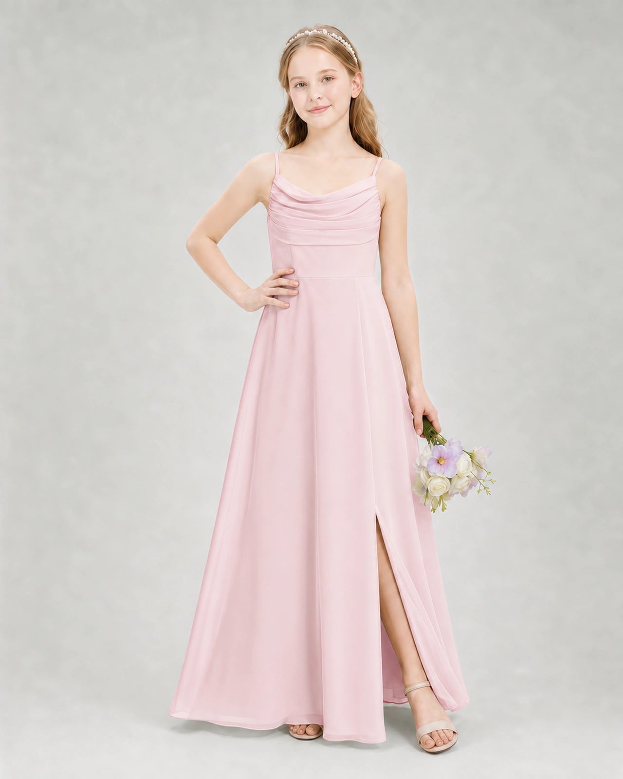 Dideyttawl Dusty Blue Junior Bridesmaid Dress | Spaghetti Strap Ruched Chiffon Floor-Length Gown