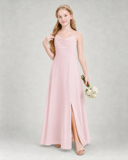 Dideyttawl Dusty Blue Junior Bridesmaid Dress | Spaghetti Strap Ruched Chiffon Floor-Length Gown