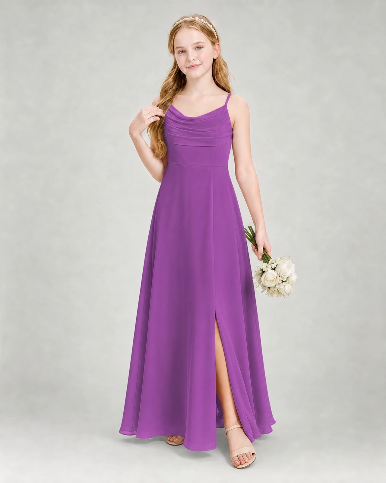 Dideyttawl Dusty Blue Junior Bridesmaid Dress | Spaghetti Strap Ruched Chiffon Floor-Length Gown