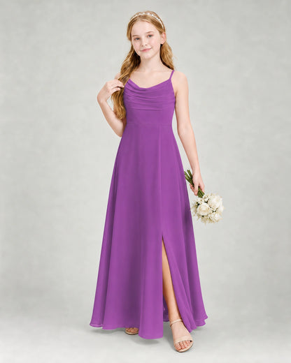 Dideyttawl Dusty Blue Junior Bridesmaid Dress | Spaghetti Strap Ruched Chiffon Floor-Length Gown