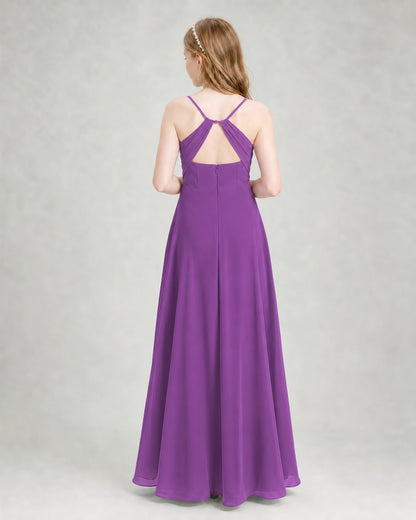Dideyttawl Dusty Blue Junior Bridesmaid Dress | Spaghetti Strap Ruched Chiffon Floor-Length Gown