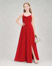 Dideyttawl Dusty Blue Junior Bridesmaid Dress Spaghetti Strap Ruched Chiffon Floor-Length Gown