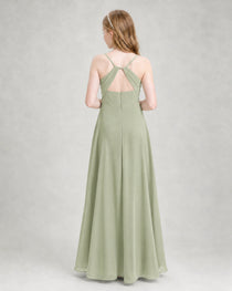 Dideyttawl Dusty Blue Junior Bridesmaid Dress Spaghetti Strap Ruched Chiffon Floor-Length Gown