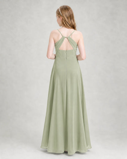 Dideyttawl Dusty Blue Junior Bridesmaid Dress | Spaghetti Strap Ruched Chiffon Floor-Length Gown
