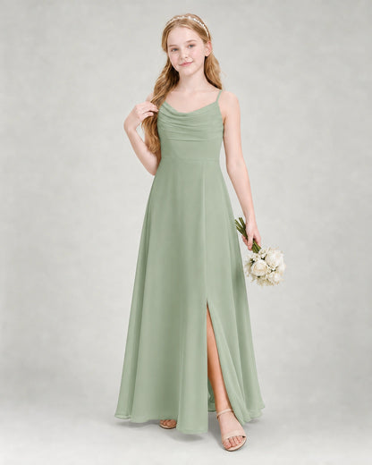 Dideyttawl Dusty Blue Junior Bridesmaid Dress | Spaghetti Strap Ruched Chiffon Floor-Length Gown
