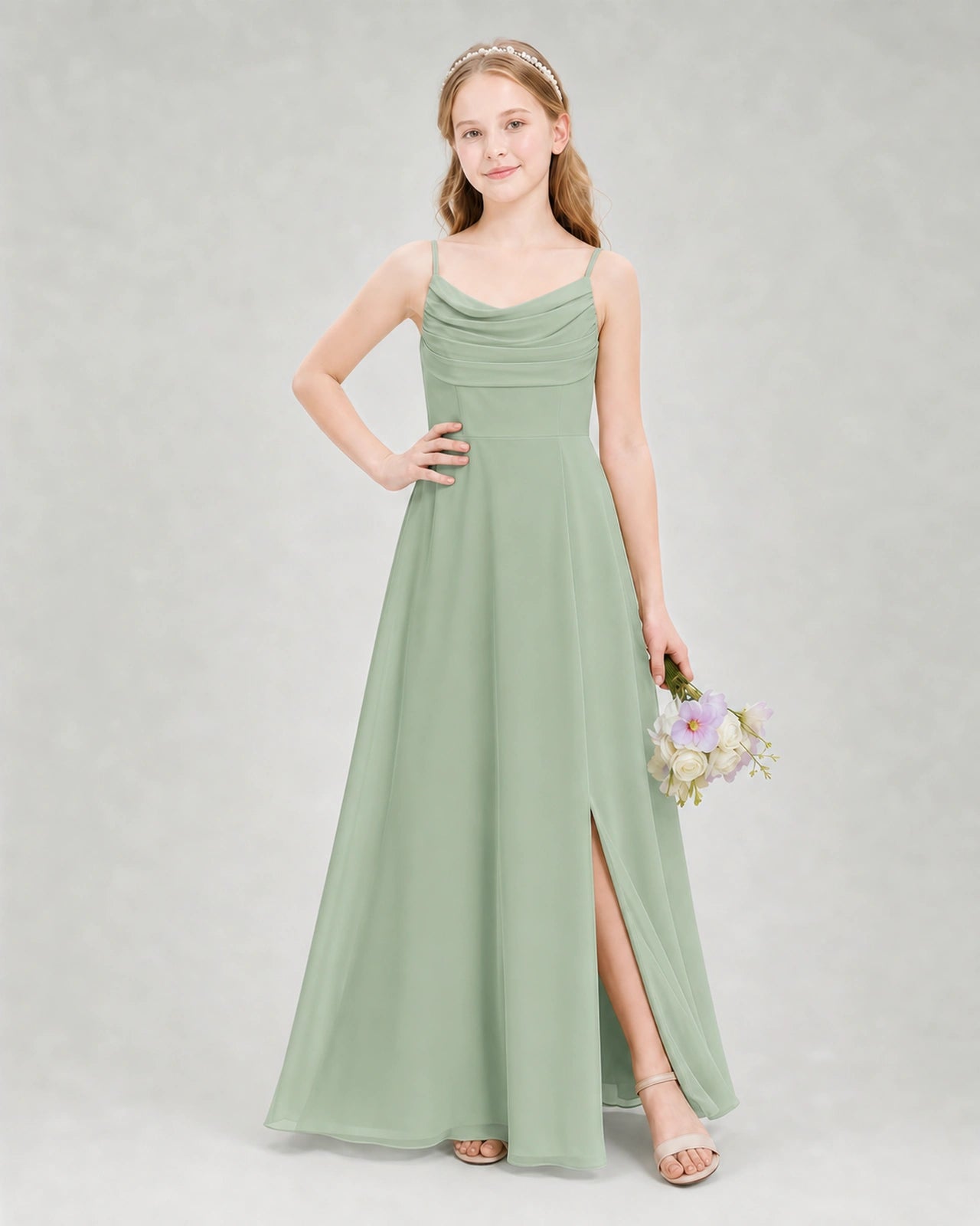 Dideyttawl Dusty Blue Junior Bridesmaid Dress Spaghetti Strap Ruched Chiffon Floor-Length Gown