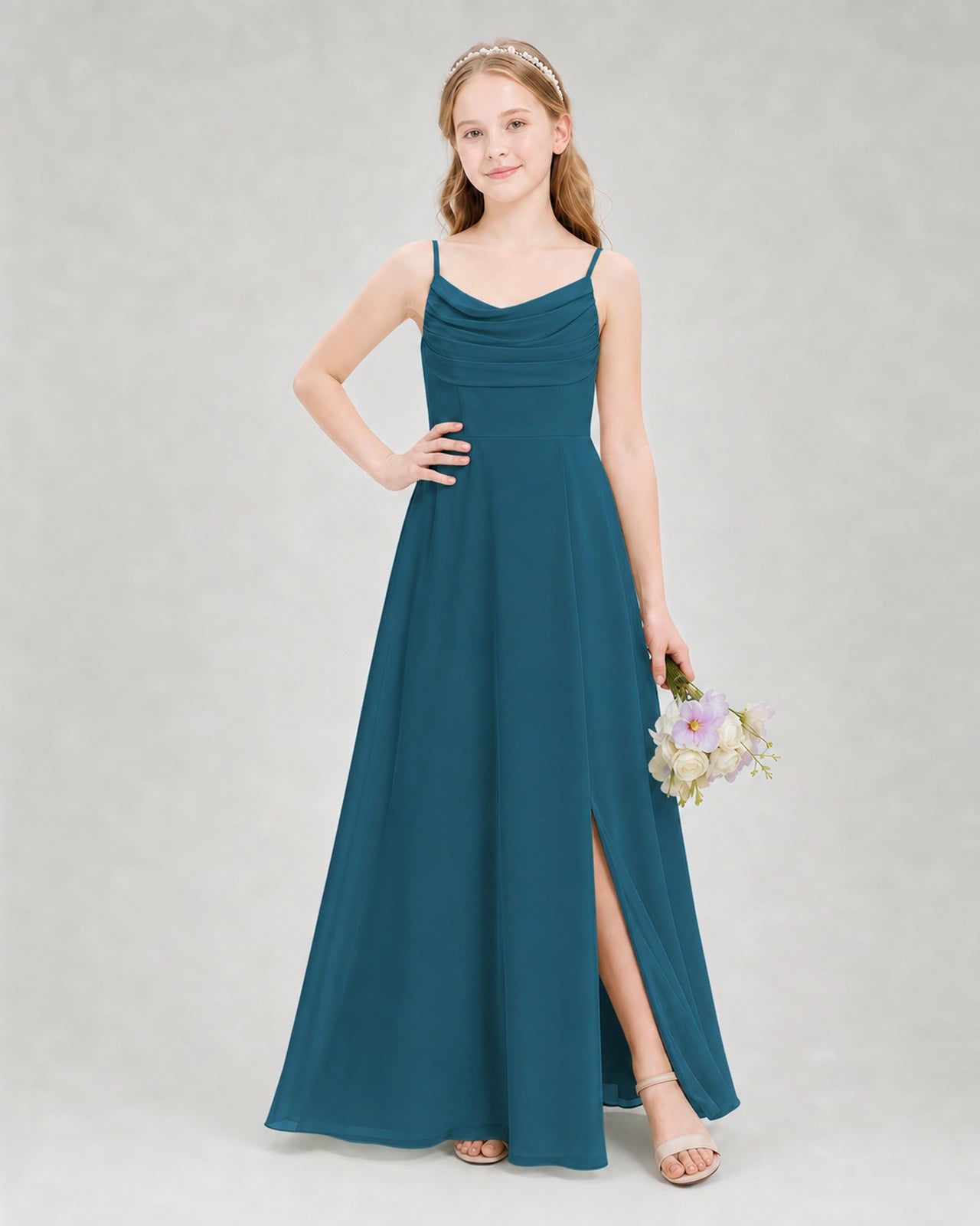Dideyttawl Dusty Blue Junior Bridesmaid Dress Spaghetti Strap Ruched Chiffon Floor-Length Gown