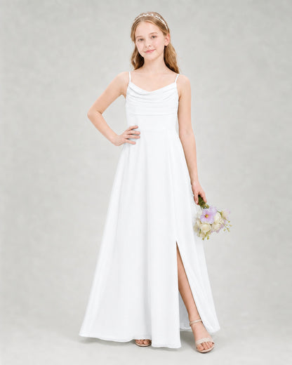 Dideyttawl Dusty Blue Junior Bridesmaid Dress | Spaghetti Strap Ruched Chiffon Floor-Length Gown