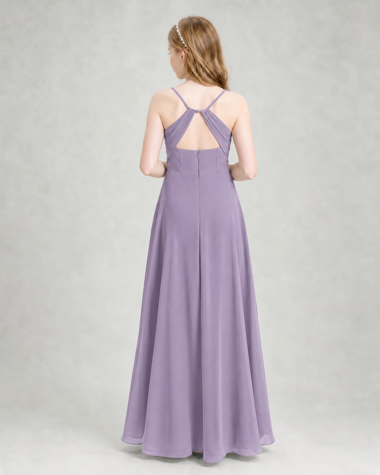 Dideyttawl Dusty Blue Junior Bridesmaid Dress | Spaghetti Strap Ruched Chiffon Floor-Length Gown