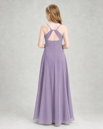 Dideyttawl Dusty Blue Junior Bridesmaid Dress Spaghetti Strap Ruched Chiffon Floor-Length Gown