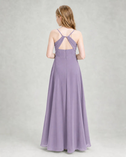 Dideyttawl Dusty Blue Junior Bridesmaid Dress | Spaghetti Strap Ruched Chiffon Floor-Length Gown