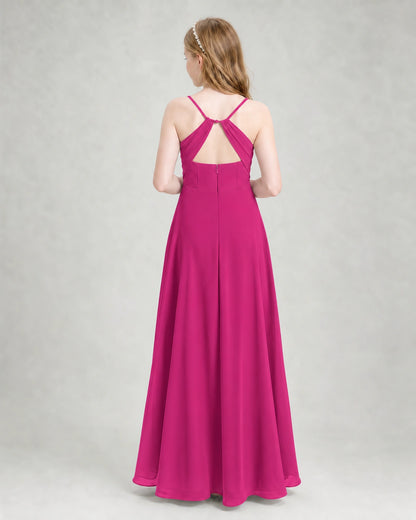 Dideyttawl Dusty Blue Junior Bridesmaid Dress | Spaghetti Strap Ruched Chiffon Floor-Length Gown