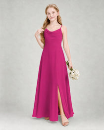 Dideyttawl Dusty Blue Junior Bridesmaid Dress Spaghetti Strap Ruched Chiffon Floor-Length Gown