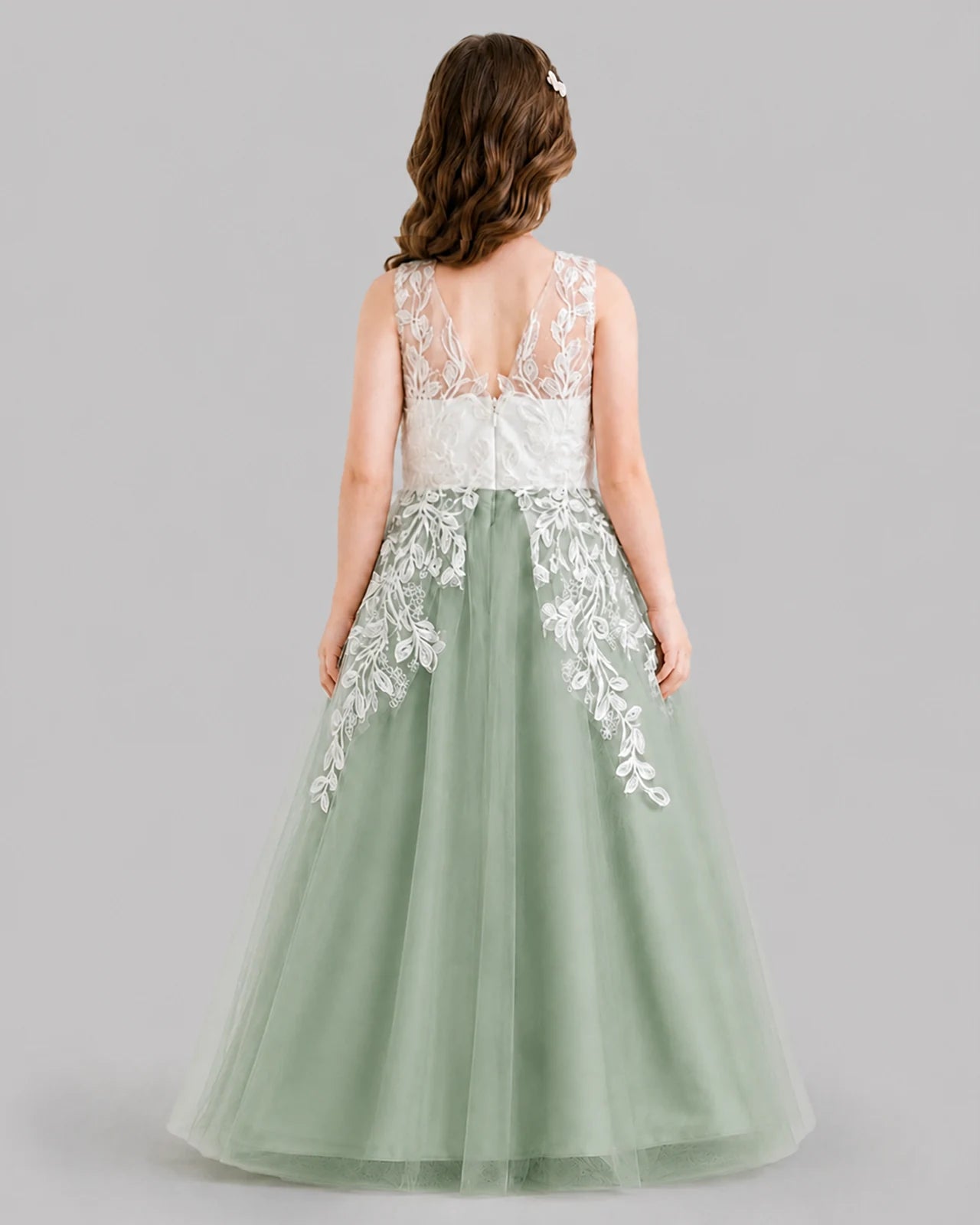 Sage Green Ball Gown Flower Girl Dresses Back