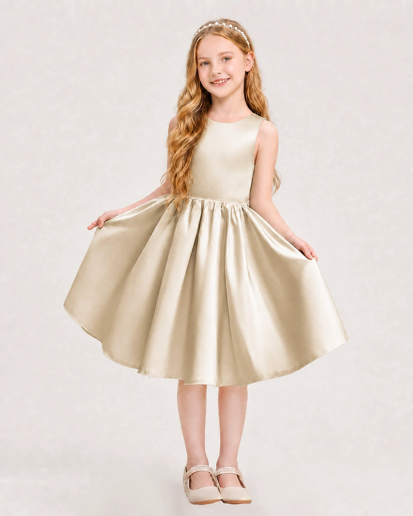 Champagne Satin A-line Junior Bridesmaid Dress Front View