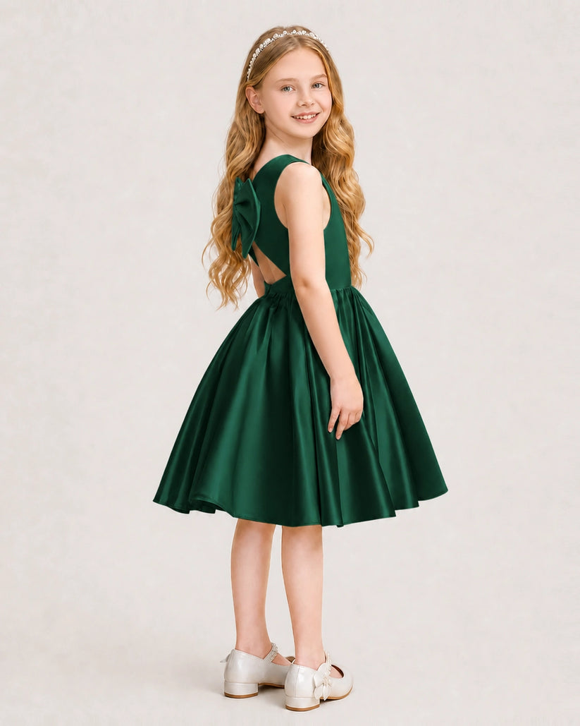 Dark Green Satin A-line Junior Bridesmaid Dress Side View