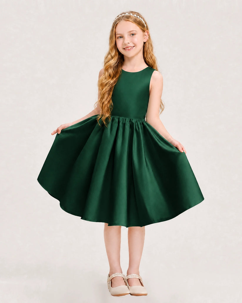 Dark Green Satin A-line Junior Bridesmaid Dress Front View
