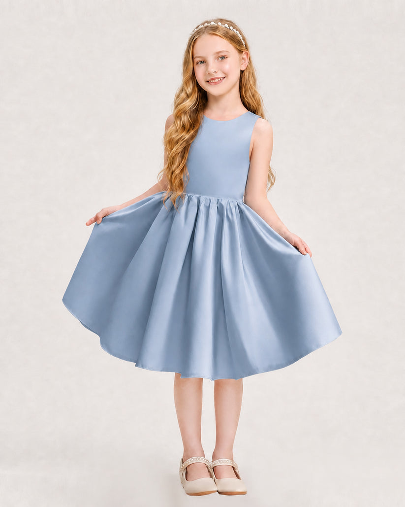 Dusty Blue Satin A-line Junior Bridesmaid Dress Front View