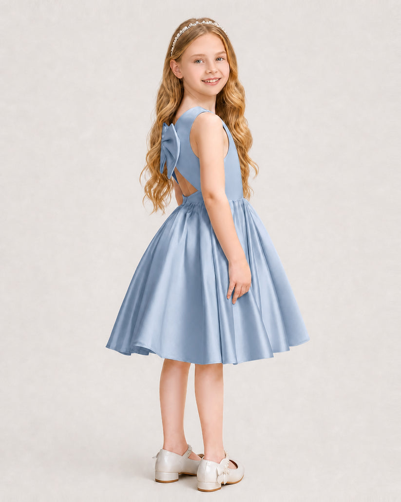 Dusty Blue Satin A-line Junior Bridesmaid Dress Side View