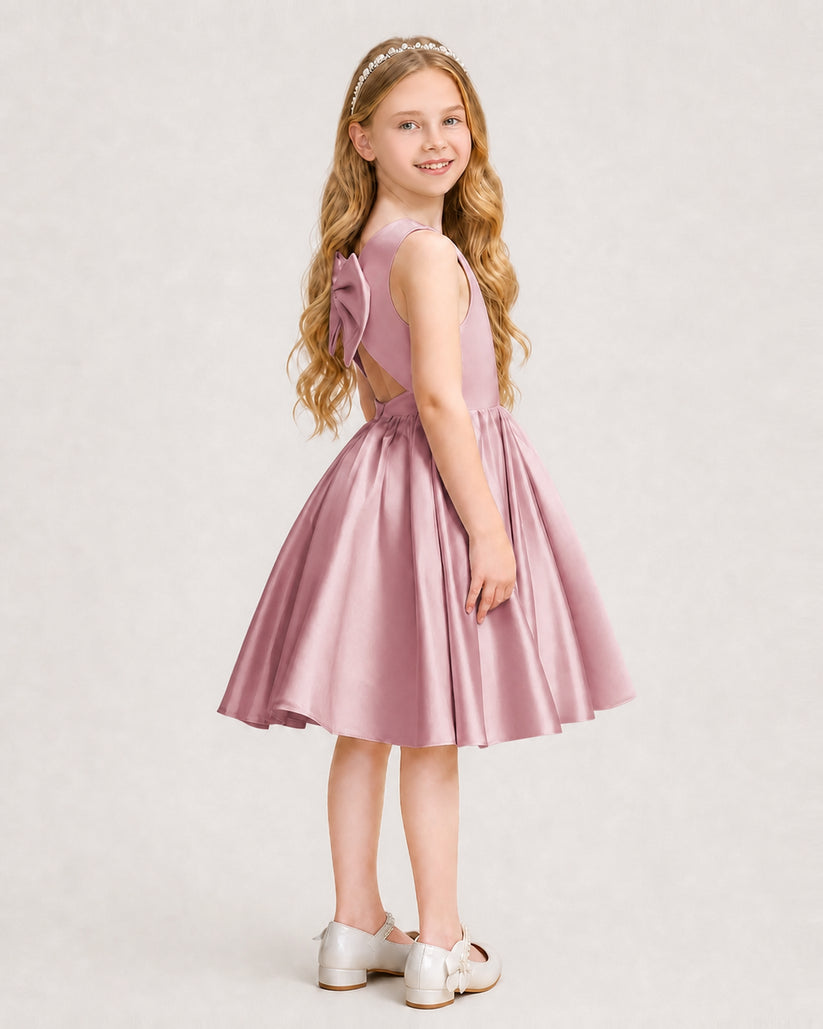 Dusty Rose Satin A-line Junior Bridesmaid Dress Side View