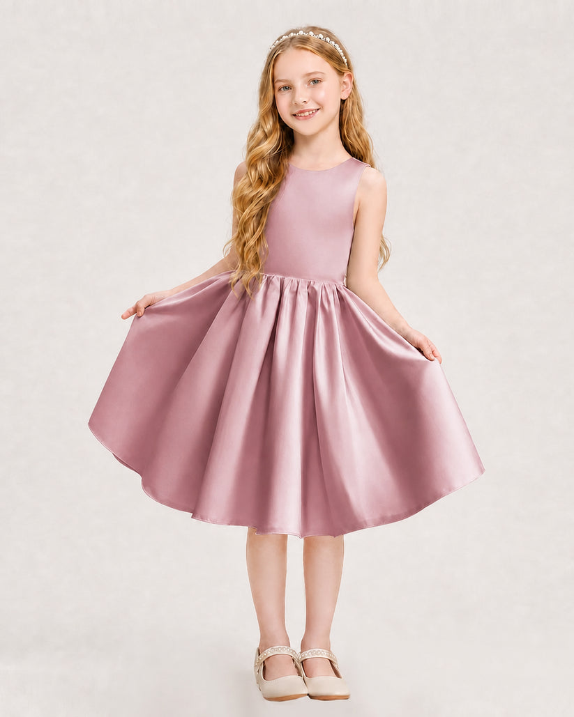 Dusty Rose Satin A-line Junior Bridesmaid Dress Front View