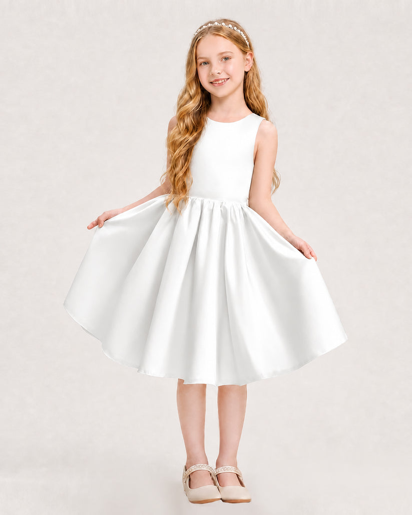 Ivory Satin A-line Junior Bridesmaid Dress Front View