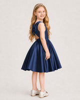 Navy Blue Satin A-line Junior Bridesmaid Dress Side View