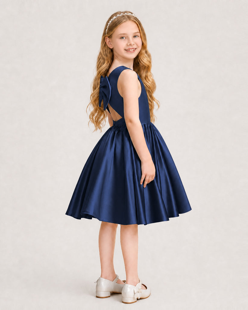 Navy Blue Satin A-line Junior Bridesmaid Dress Side View