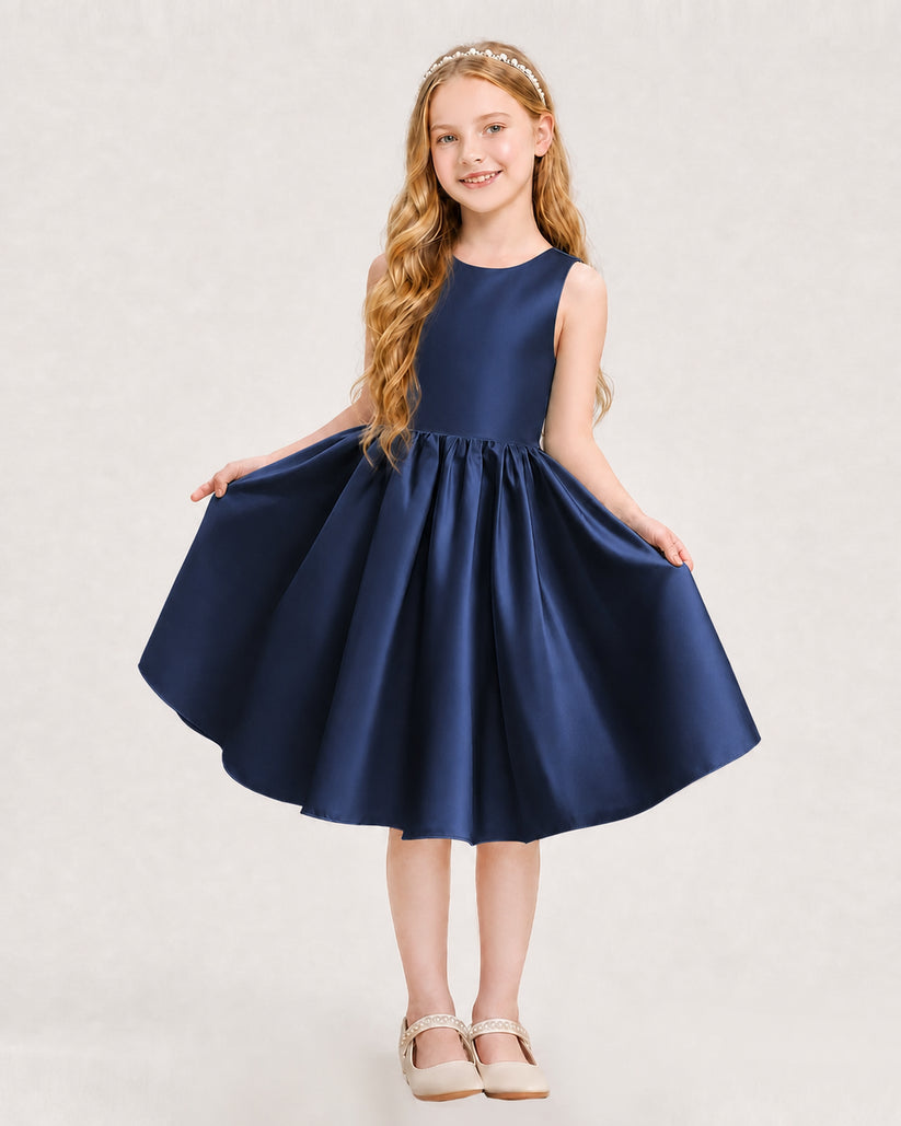 Navy Blue Satin A-line Junior Bridesmaid Dress Front View