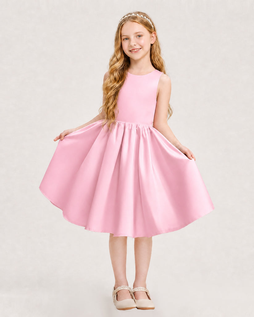 Pink Satin A-line Junior Bridesmaid Dress Front View